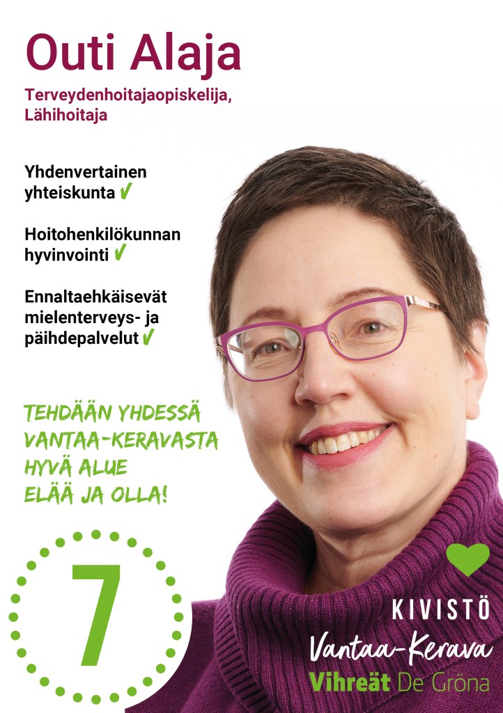 Aluevaaliesite, jossa Outi Alaja Vantaan vihreistä hymyilee purppuran värisessä poolopaidassa.